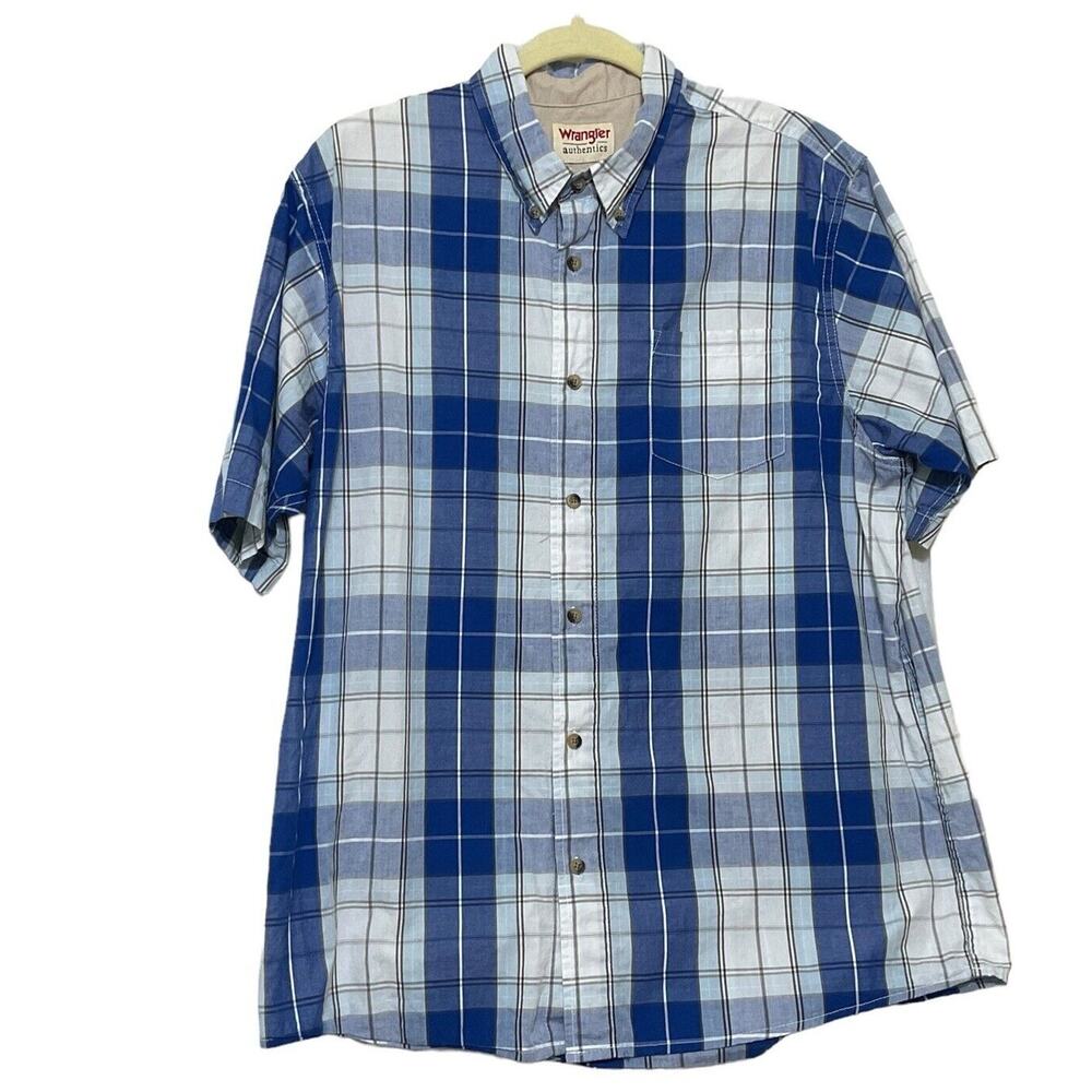 WRANGLER Authentic Western Shirt‎ Mens Blue Plaid Size Large Short Sleeve